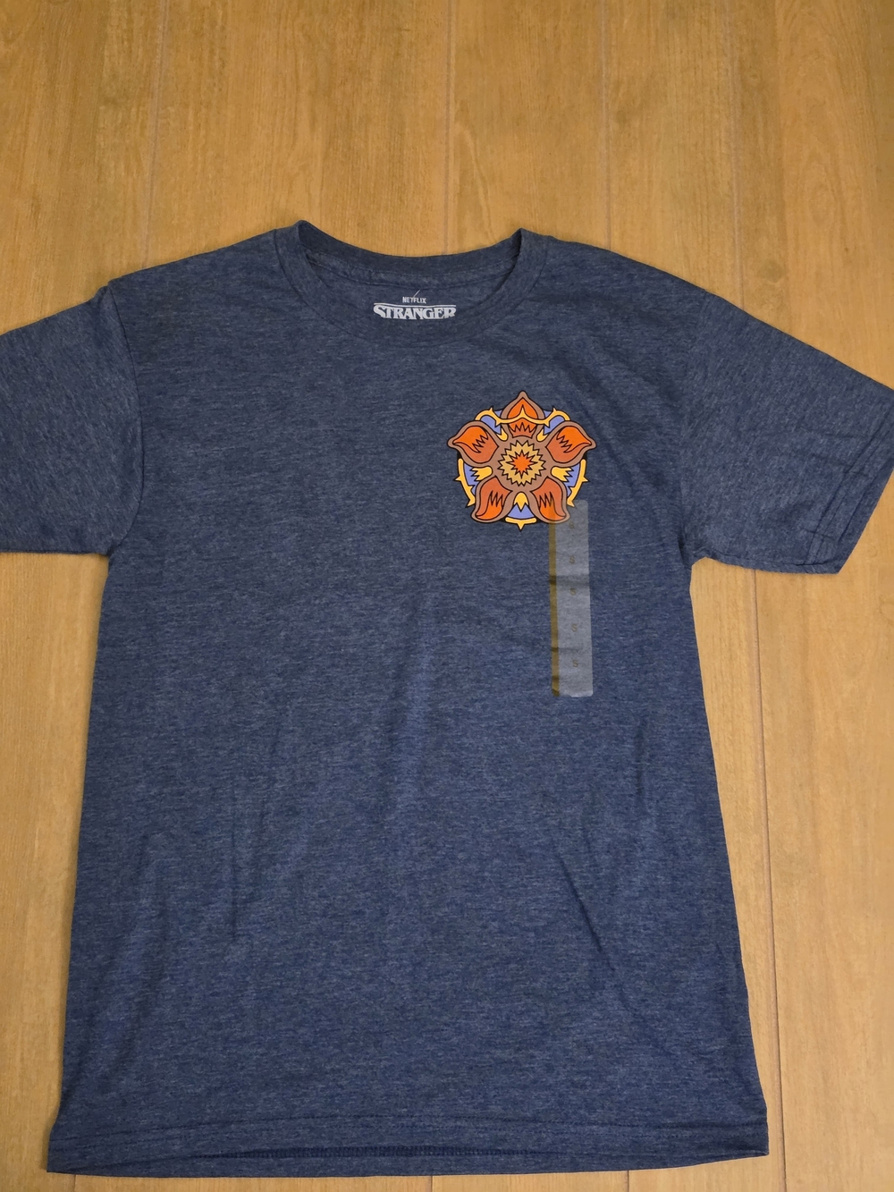 Netflix Stanger Things Navy Heather Tee with Orange Floral Emblem